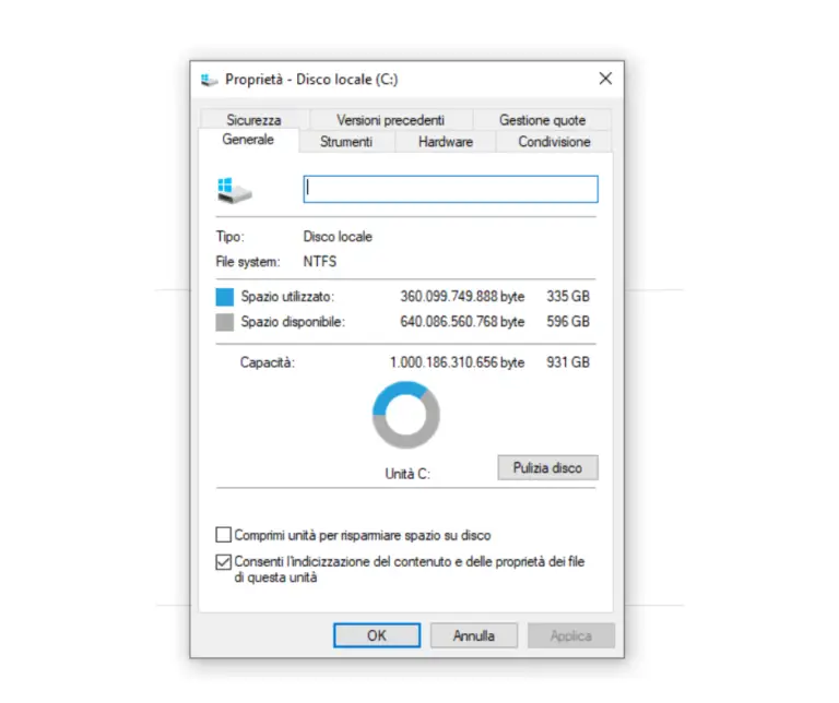 Pulizia disco dai file temporanei con esplora risorse del computer