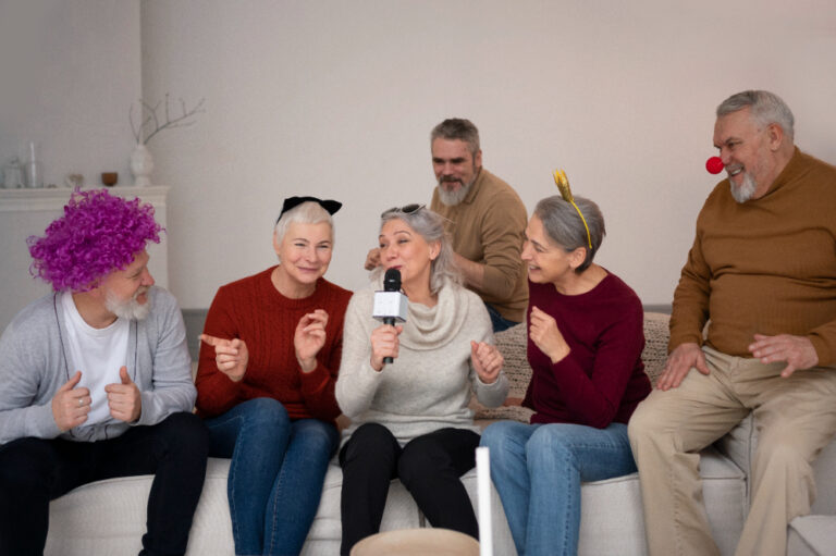 Come stimolare la mente degli anziani. Gruppo di persone anziane in festa che si divertono. Stimolazione mentale
